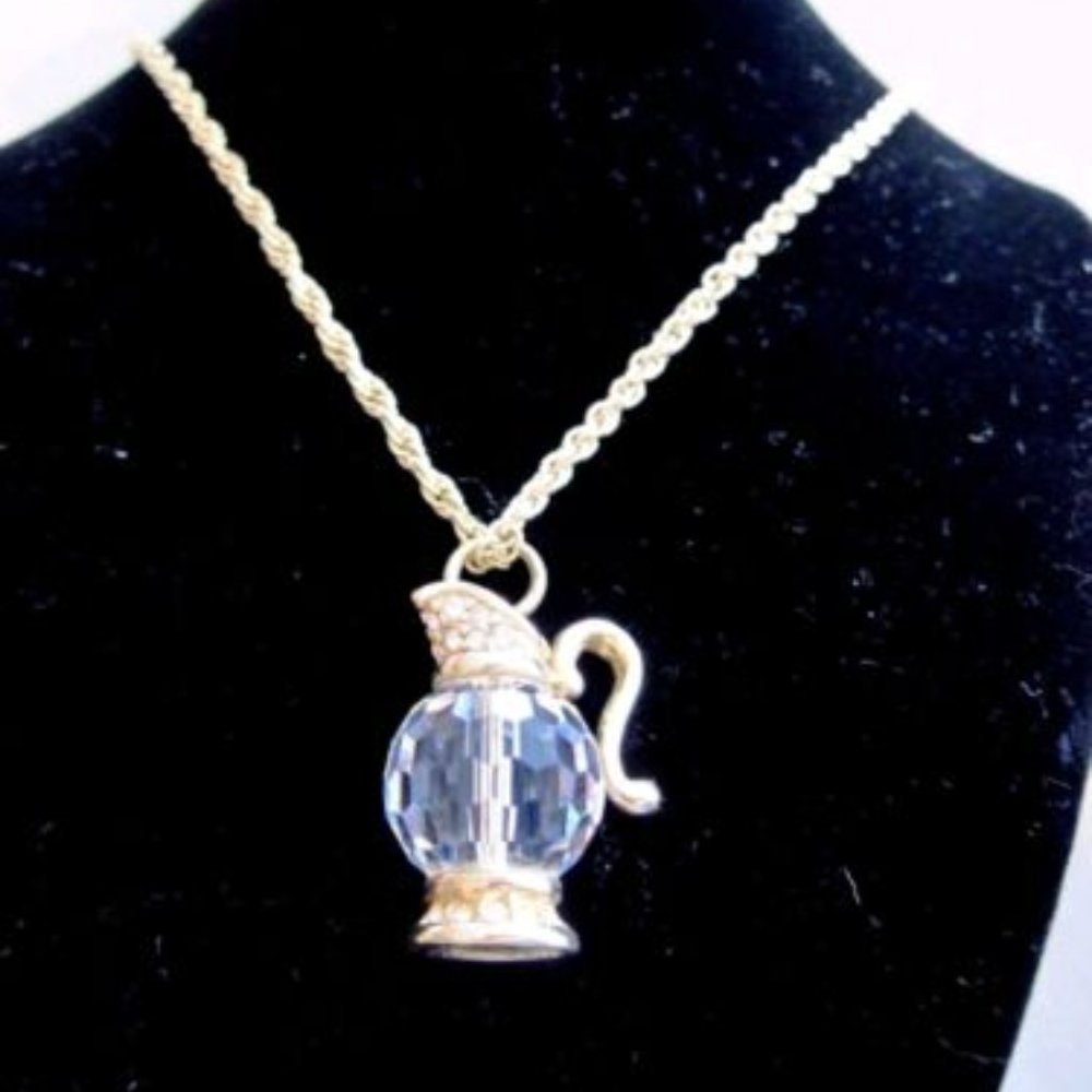 FLASH SALE SWARVOSKI SWAN SIGNED TEAPOT CHARM ON 24 INCH Goldtone NECKLACE